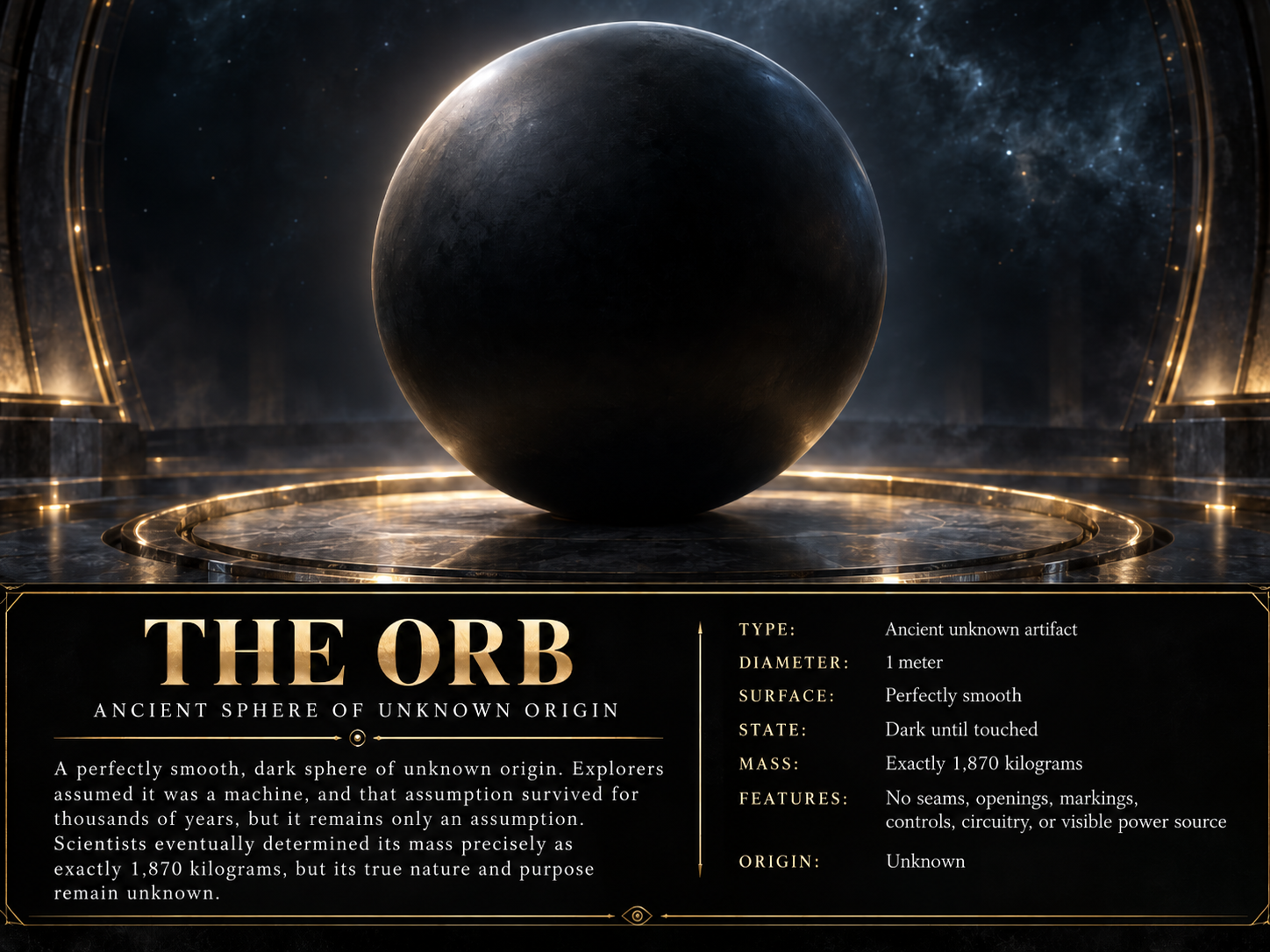The Orb — Ancient Sphere of Unknown Origin, with specifications: 1 metre diameter, perfectly smooth surface, exactly 1,870 kilograms, dark until touched